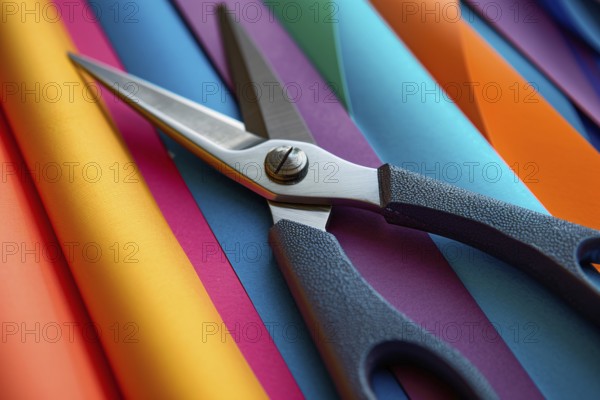 Scissors lying on colorful paper sheets. KI generiert, generiert, AI generated