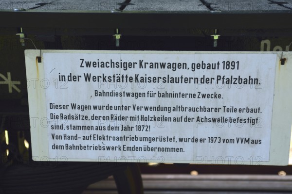 Europe, Germany, Aumühle, Holstein, Duchy of Lauenburg district, Hamburg metropolitan region, Aumühle engine shed museum railway, open-air site, 2-axle crane wagon, built in 1891, description, Hamburg, Hamburg, Federal Republic of Germany, Europe