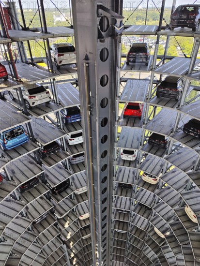 New cars for delivery in the Autoturm, interior view from top to bottom, Autostadt, Volkswagen AG, Wolfsburg, Lower Saxony, Germany, Europe