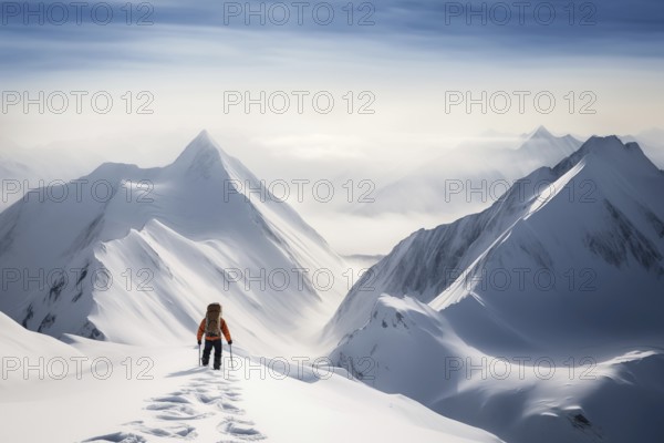 A mountaineer in mountains approaching a majestic snowy mountain peak amidst a snowfall and snow storm. Solitude and determination, adventure and challenge of climbing in extreme conditions A mountaineer in mountains approaching a majestic snowy mountain peak amidst a snowfall and snow storm. Solitude and determination, adventure and challenge of climbing in extreme conditions, AI generated