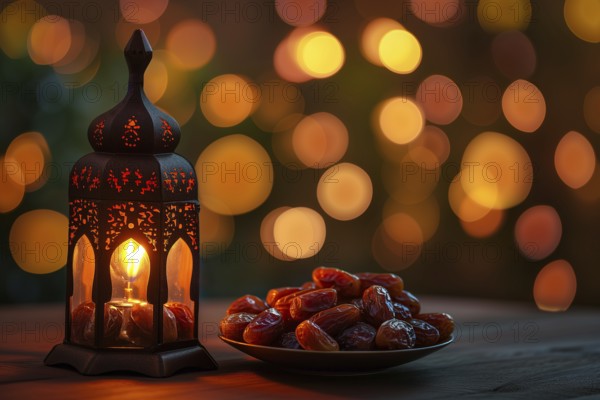 Ramadan lantern with a plate of succulent figs on bokeh background, set on an ornate table with intricate designs, evoking the rich traditions and serene moments of the holy month, AI generated