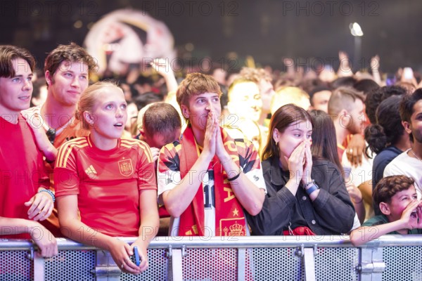 Fans of the Spanish team fear after the equalising goal by England at the Adidas fan zone at the Bundestag during the final match between Spain and England at the European Football Championship, Berlin, 14.07.2024