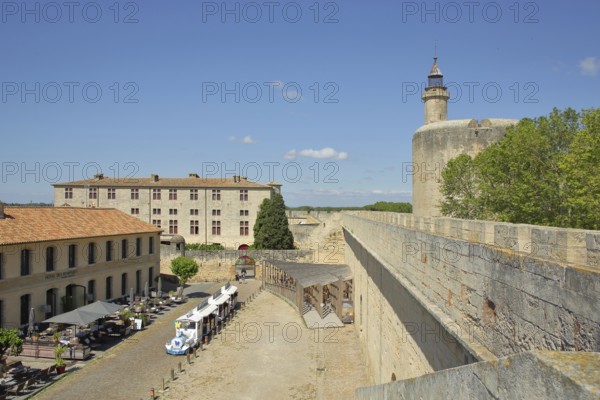 Historic city fortifications, museum and Tour de Constance, city wall, tower, tourist train, view from above, Place Anatole France, Aigues-Mortes, Gard, Camargue, Provence, France, Europe