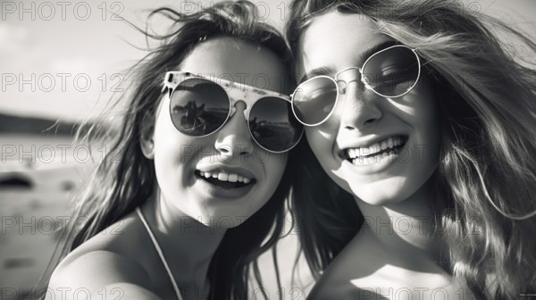 Two young girlfriends posing wearing sunglasses having fun on the beach, generatvie AI, AI generated