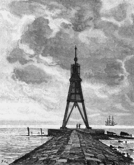 Maritime mark Kugelbake, Cuxhaven, Lower Saxony, wooden construction, pier, two-master, shipping, orientation, Elbe estuary, North Sea, Germany, historical illustration 1880, Europe