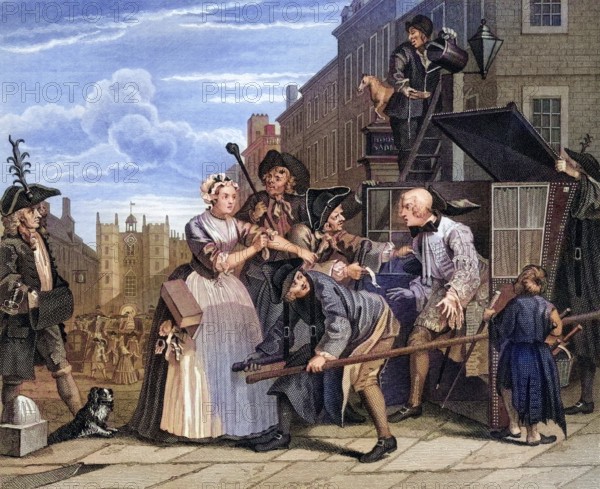 The Rakes Progress Arrested for debt as going to court From the original picture by Hogarth from The Works of Hogarth published London 1833, Historisch, digital restaurierte Reproduktion von einer Vorlage aus dem 19. Jahrhundert, Record date not stated