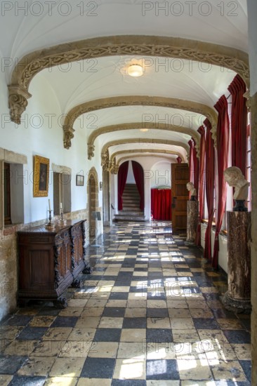 Kasteel van Laarne, interior showing hallway of 14th century medieval moated castle near Ghent, East Flanders, Belgium, Europe