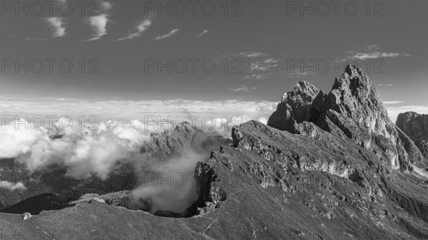 The peaks Sas Rigais and Furchetta of the Geisler group, W Drone image, black and white image, Val Gardena, Dolomites, Autonomous Province of Bolzano, South Tyrol, Italy, Europe