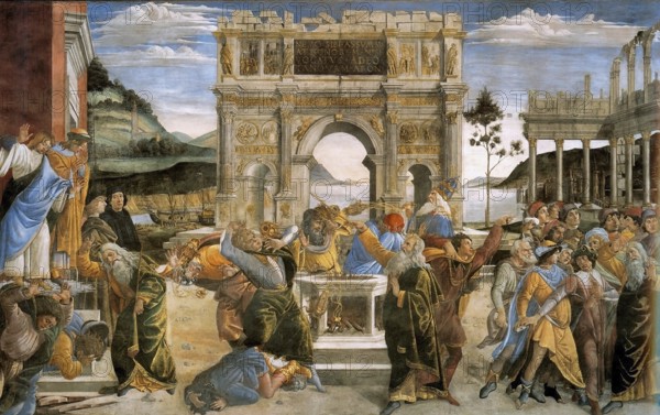 Die Bestrafung von Korach, Datan und Abiram, Fresko aus der Sixtinischen Kapelle, The Punishment of Korah, Datan and Abiram, fresco from the Sistine Chapel, Painting by Sandro Botticelli (1 March 1445, 1510), one of the most important Italian painters and draughtsmen of the early Renaissance, Historic, digitally restored reproduction from an original, Record date not stated