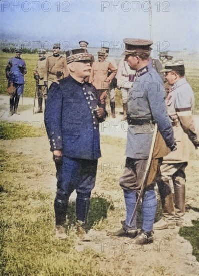 The national heroes of France and Belgium: a meeting at the front between General Joffre (left) and King Albert, Historical, digitally restored reproduction from a 19th century original, Record date not stated