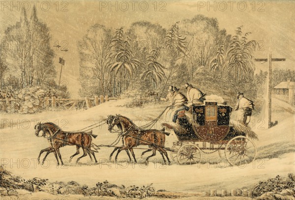 The stagecoach in a snowstorm, 1850, England, Historical, digitally restored reproduction from a 19th century original, Record date not stated