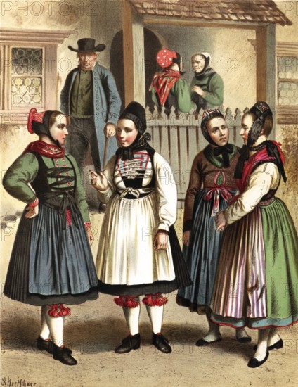 Traditional costumes in Germany around 1820, Grand Duchy of Hesse, Biedenkopf, Four young woman in traditional dress talking in front of a wooden fence, digitally retouched reproduction of a model from around 1850, by Albert Kretschmer (27 February 1825, 11 July 1891), German painter and costumier