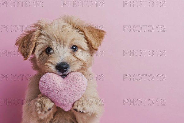 Cute dog holding plush heart in front of pink background with copy space. Generative Ai, AI generated