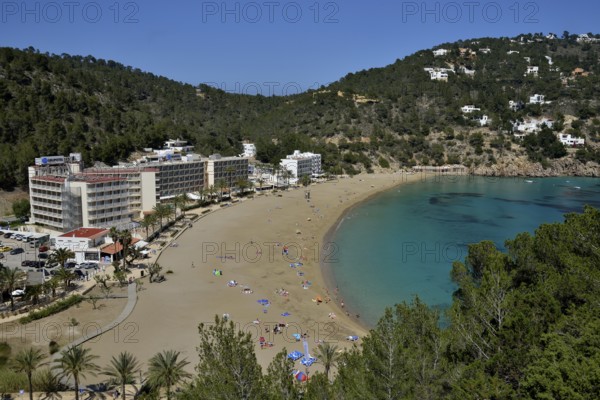 Cala San Vicente town and beach, Ibiza, Balearic Islands, Spain, Europe