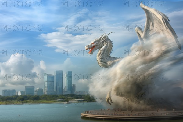 White dragon running in clouds over a modern city, AI Generated