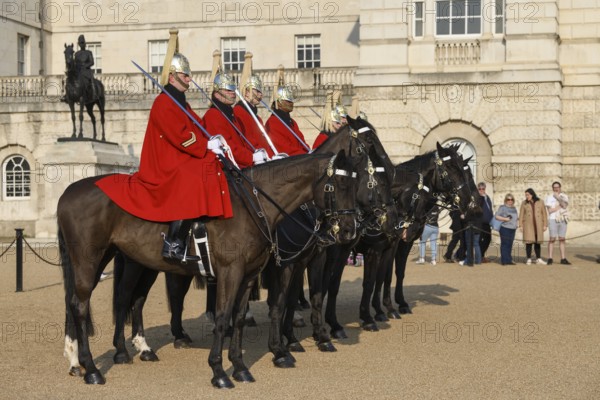 Parade of Horse Guards, soldiers of the Household Cavalry Mounted Regiment, White Hall, Westminster, London, England, Great Britain