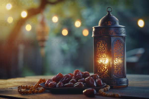 Ramadan lantern with a plate of succulent figs, set on an ornate table with intricate designs, evoking the rich traditions and serene moments of the holy month, AI generated