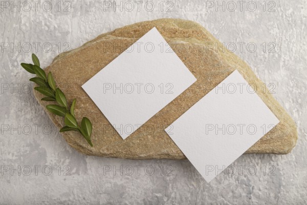 White paper business card, mockup with natural stone and boxwood branch on gray concrete background. Blank, flat lay, top view, still life, canvas, copy space