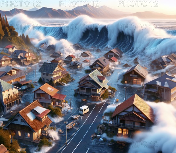 A monster wave, a tsunami, floods and destroys the houses of a village, climate change, climate crisis, global warming, AI generated, AI generated