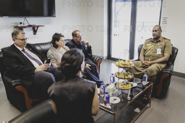 (R-L) Brigadier General Manoa Gadai, Commander of the Fijian Armed Forces Blackrock Peacekeeping and Humanitarian Assistance and Disaster Relief Camp, and Annalena Bärbock (Bündnis 90/Die Grünen), Federal Foreign Minister, during a visit to the Fijian Armed Forces Blackrock Peacekeeping and Humanitarian Assistance and Disaster Relief Camp in Nadi, 07/05/2024.05.2024. Bärbock is travelling to Australia, New Zealand and Fiji for political talks / Photographed on behalf of the Federal Foreign Office