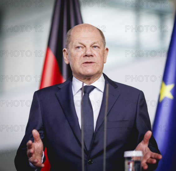 Olaf Scholz, Federal Chancellor, speaks at a press conference during the visit of Denis Becirovic, Chairman of the State Presidency of Bosnia and Herzegovina, at the Chancellery in Berlin, 7 May 2024