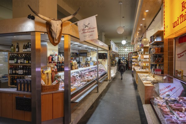 Various market stalls with delicatessen products from different nations in the Markthalle Stuttgart, Baden-Württemberg, Germany, Europe