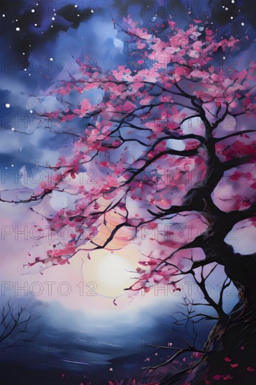 Sakura tree blossoming with pink petals and branches reaching towards a star studded night sky, AI generated