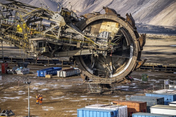 Garzweiler opencast lignite mine, bucket wheel excavator undergoing maintenance and repair, near Jüchen, North Rhine-Westphalia, Germany, Europe