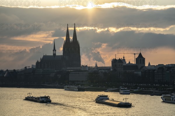 The Rhine near Cologne, sunset, Cologne Cathedral, cargo ship, North Rhine-Westphalia, Germany, Europe