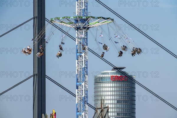 The Rhine Fair in Düsseldorf, in the Rhine meadows in the Oberkassel district, on the Rhine, Bayern Tower ride, chain carousel, North Rhine-Westphalia, Germany, Europe