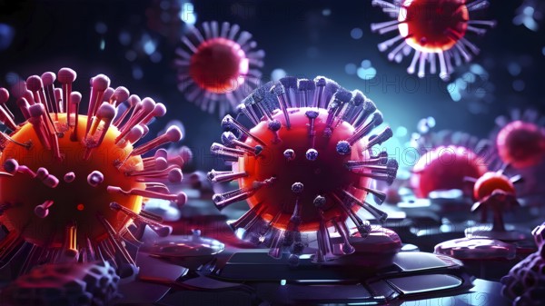 3d illustration showcasing a cluster of intertwining viruses detailed to expose spikes and receptors, AI generated