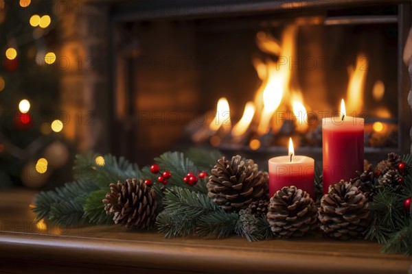 A cozy fireplace mantle decorated with pine cones, garlands, and lit candles, with a close-up focus on a burning candle flame, AI generated