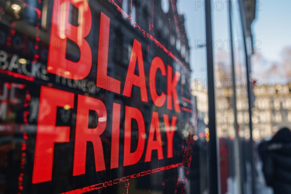 Black advertisement sign with red text 'Black Friday' in shopping window. Generative AI, AI generated