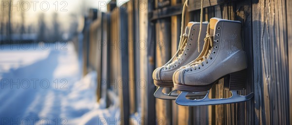 Pair of vintage ice skates hanging by their laces on an old wooden fence with frost and snow gently settled on the blades, AI generated