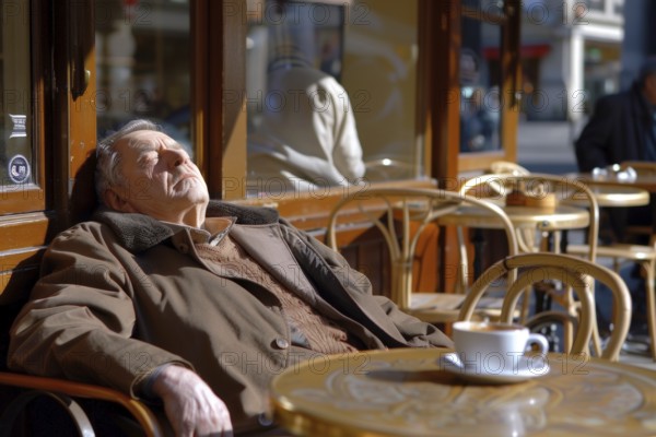 An elderly man sits asleep on a chair in a street café, symbolic image for spring fever, AI generated, AI generated, ai generated, AI generated