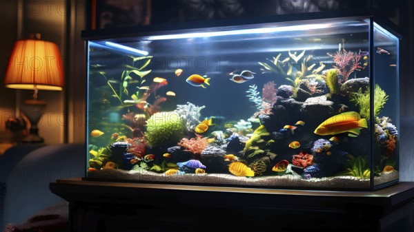 Large vibrant aquarium centerpiece in a cozy living room, AI generated