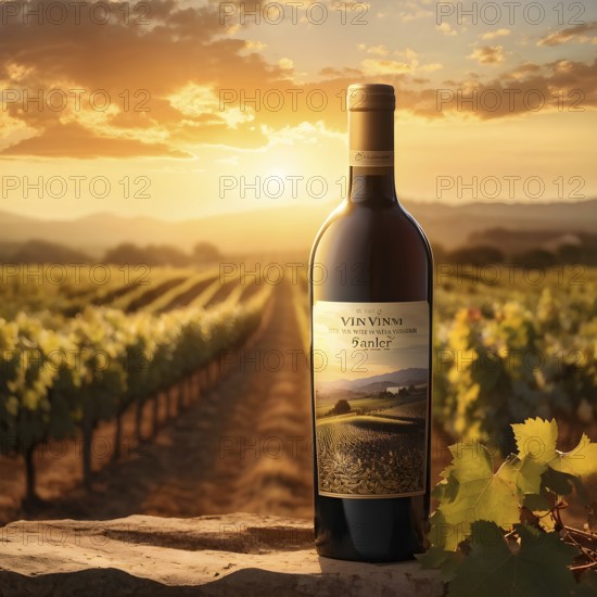 Aged bottle of wine glowing under the low sun with a vineyard in the background, AI generated