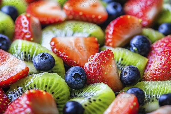 Close up of healthy fruits salad mix with strawberry, blueberry and kiwi. Generative AI, AI generated