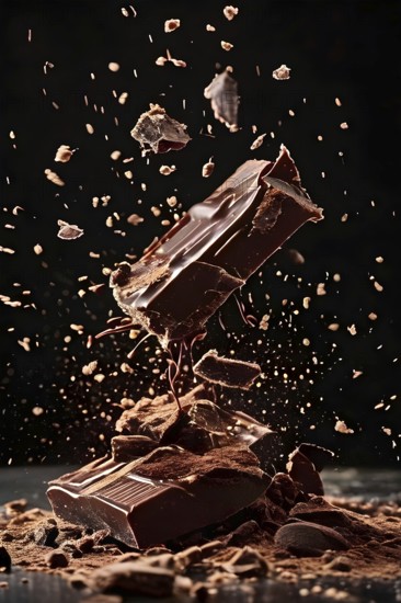 Milk chocolate bar exploding into fragments against a dark backdrop, AI generated