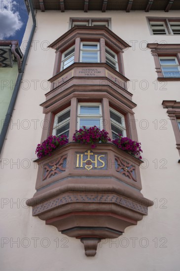 Historic, two-storey sandstone bay window, 16th century, main street 18, Rottweil, Baden-Württemberg, Germany, Europe