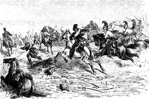 Pursuit of the imperial guard by Prussian cavalry after Napoleon's return from Elba, battle, soldiers, gallop, Prussia, historical illustration 1882