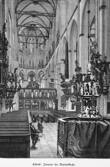 Nave of St Mary's Church, Hanseatic City of Lübeck, Gothic, window, pulpit, altar, ornamentation, Schleswig-Holstein, Germany, historical illustration 1880, Europe