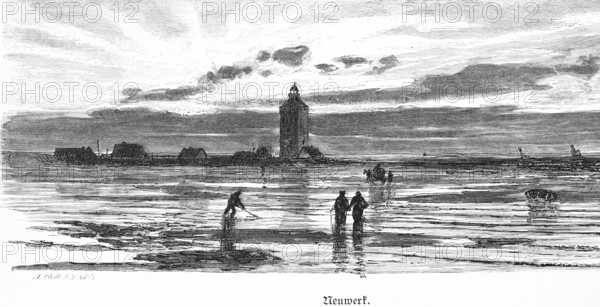 Neuwerk Island with lighthouse, Hamburg, North Sea, Elbe estuary, mudflats, low tide, horse-drawn carriage, buildings, people, Germany, historical illustration 1880, Europe