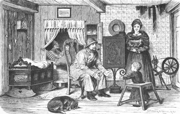 In the Hallighaus, North Frisia, North Frisian Islands, Schleswig-Holstein, interior, alcove, bed, cradle, family, toddler, dog, spinning wheel, stove, wall clock, tiles, wooden floorboards, traditional Frisian traditional costume, Germany, historical illustration 1880, Europe