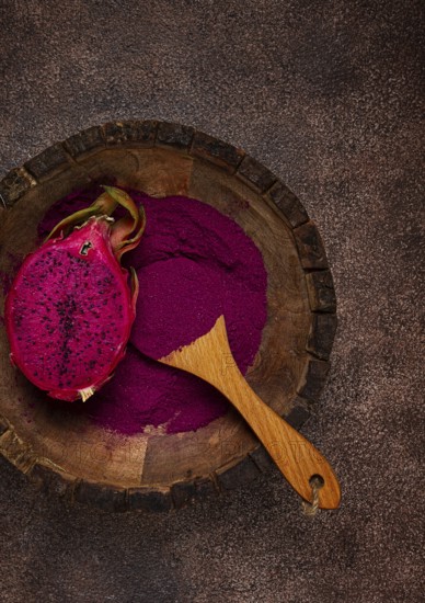 Pitaya powder, dragon fruit, freeze-dried powder, top view, no people