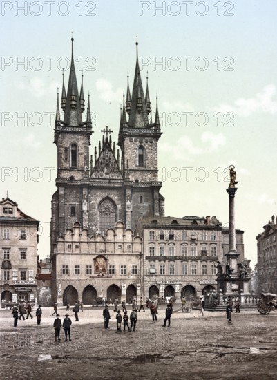 Church of the Virgin Mary in front of the Teyn, Teyn Church, also known as St Mary's Church, a Roman Catholic church in the old town centre of Prague, Czech Republic, around 1890, Historical, digitally restored reproduction from a 19th century original, Europe