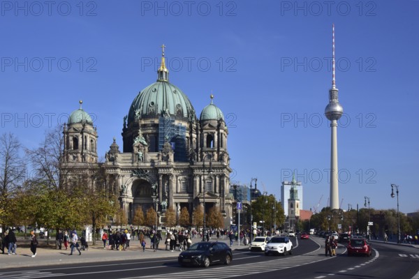 Berlin Cathedral in Berlin's Mitte district, on the right the television tower at Alexanderplatz, Berlin, Germany, Europe