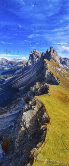 The peaks Sas Rigais and Furchetta of the Geisler group, panoramic photo, drone photo, Val Gardena, Dolomites, Autonomous Province of Bolzano, South Tyrol, Italy, Europe