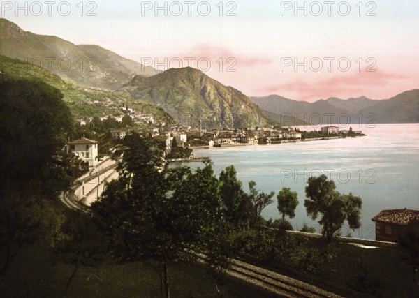 Menaggio, General view, Lake Como, Italy, Historical, digitally restored reproduction from a 19th century original, 1880, Record date not stated, Europe