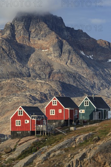 Inuit settlement at a fjord, mountainous, autumn, sunny, Tasiilaq, East Greenland, Greenland, North America